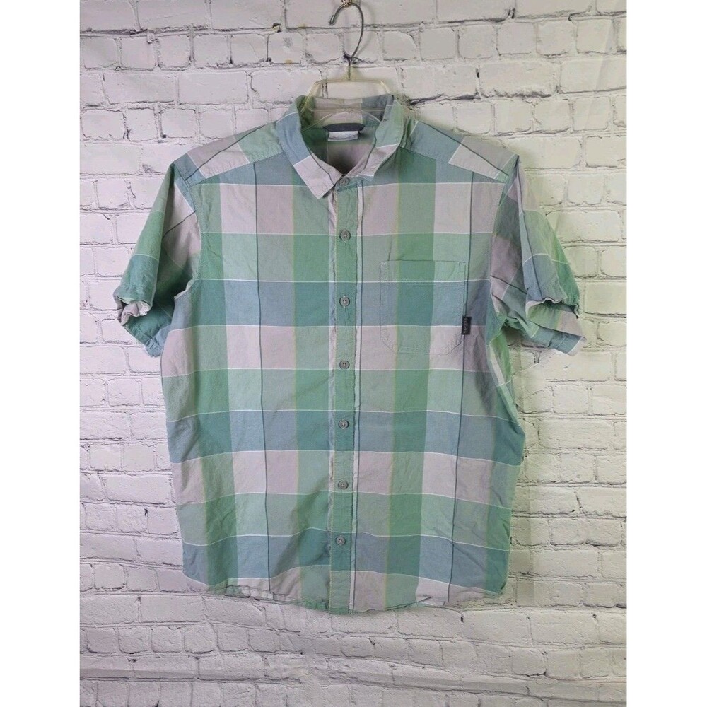 Columbia Shirt Men's Medium Green Grey Windowpane Plaid S/S  Button Up Shirt